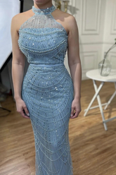 27DRESS Elegant Halter Formal Mermaid Evening Dresses with Sash
